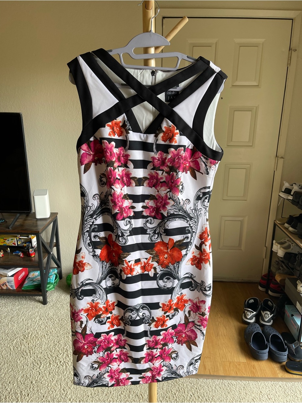 Jax Black & White Striped Midi Dress with Pink & Orange Floral Print